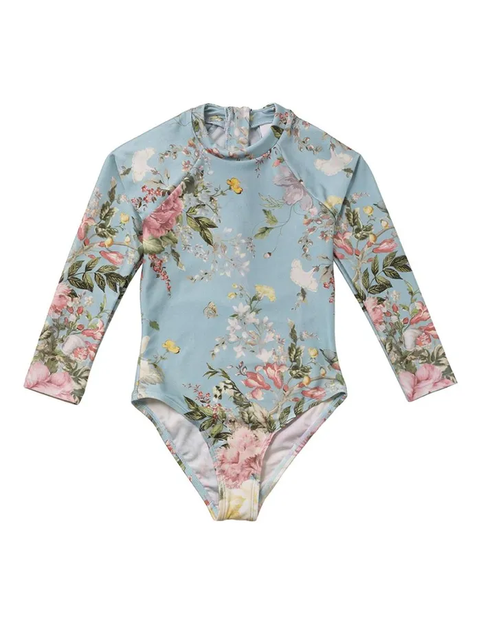 Kids Swimwear Zimmermann Waverly Long Sleeve 1PC Light Blue Floral