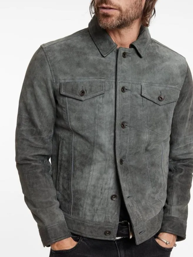 Men John Varvatos Leather Jackets Andrew Trucker Jacket Grey Stone
