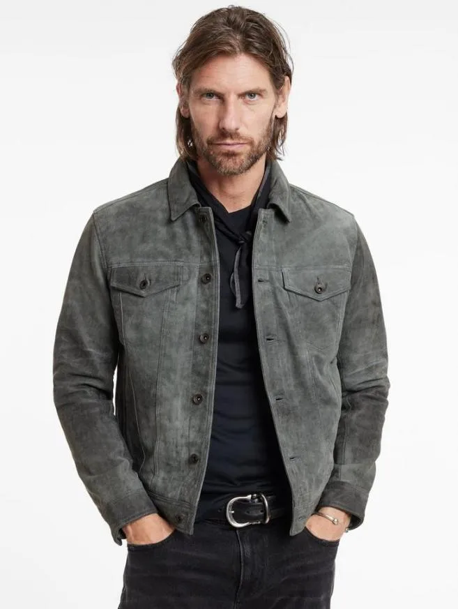 Men John Varvatos Leather Jackets Andrew Trucker Jacket Grey Stone