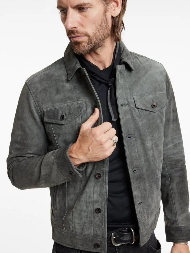 Men John Varvatos Leather Jackets Andrew Trucker Jacket Grey Stone