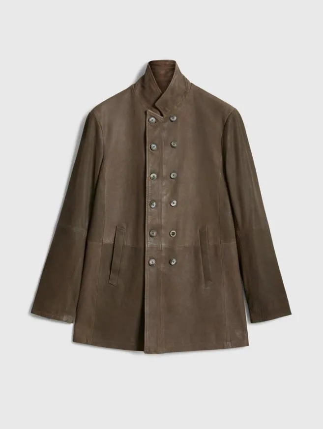Men John Varvatos Leather Jackets CutAway Double Breasted Coat Twine Brown