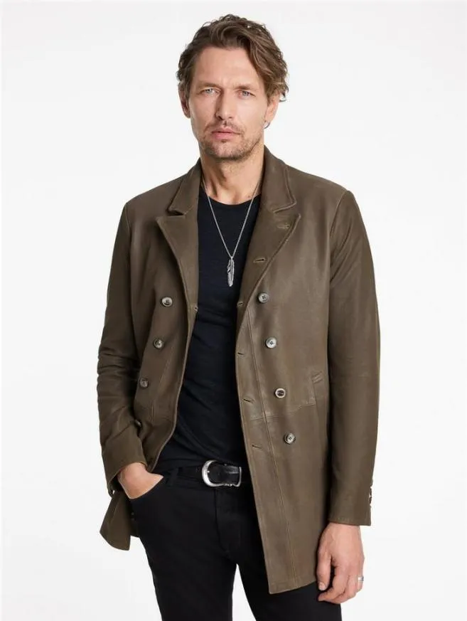 Men John Varvatos Leather Jackets CutAway Double Breasted Coat Twine Brown