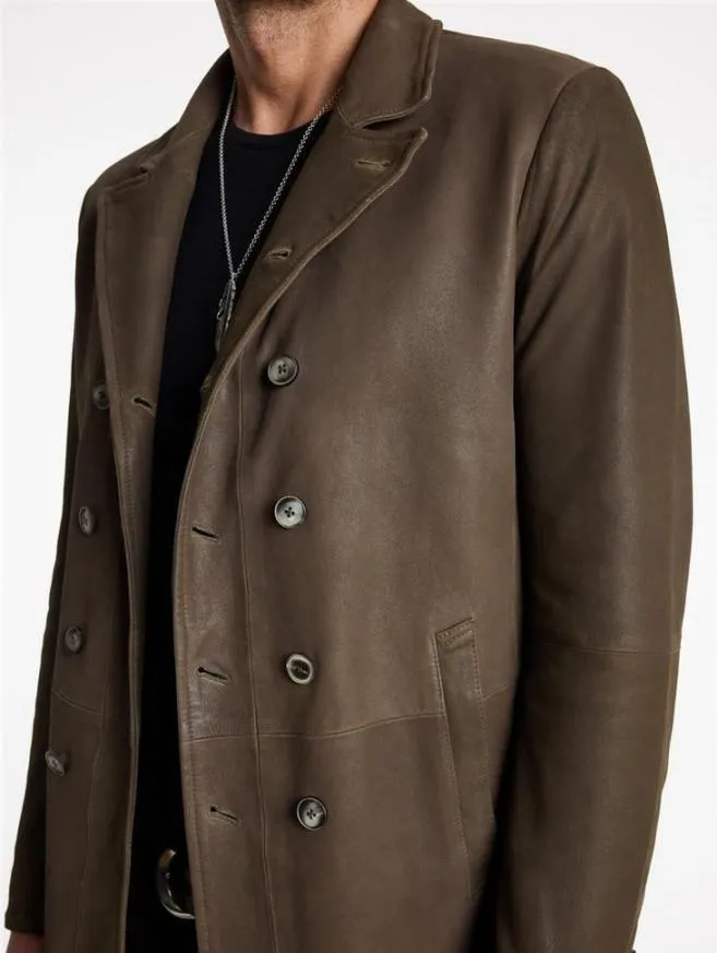Men John Varvatos Leather Jackets CutAway Double Breasted Coat Twine Brown