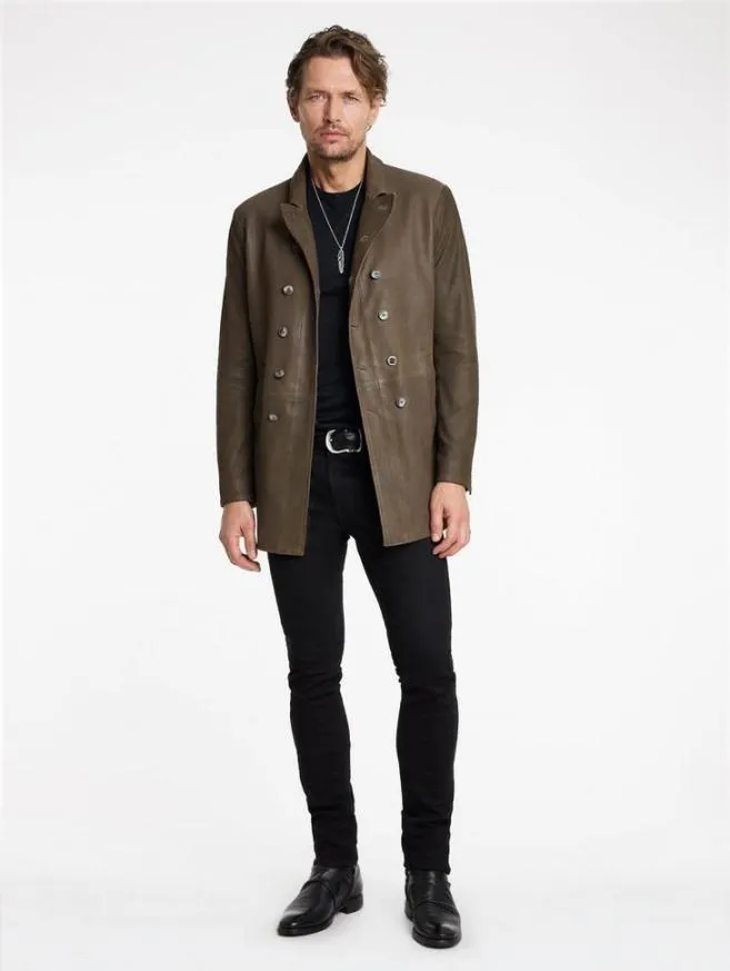 Men John Varvatos Leather Jackets CutAway Double Breasted Coat Twine Brown
