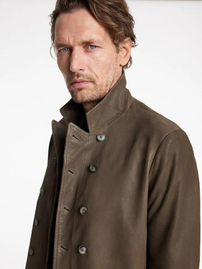 Men John Varvatos Leather Jackets CutAway Double Breasted Coat Twine Brown