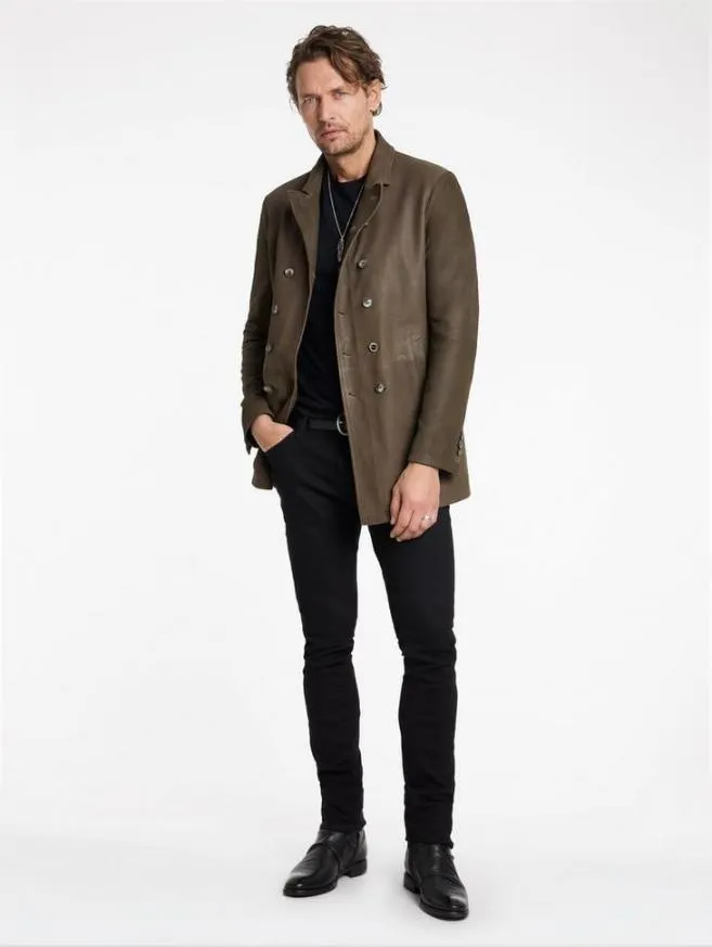 Men John Varvatos Leather Jackets CutAway Double Breasted Coat Twine Brown