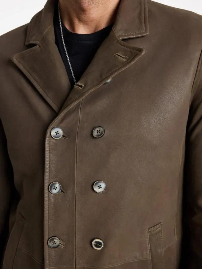 Men John Varvatos Leather Jackets CutAway Double Breasted Coat Twine Brown
