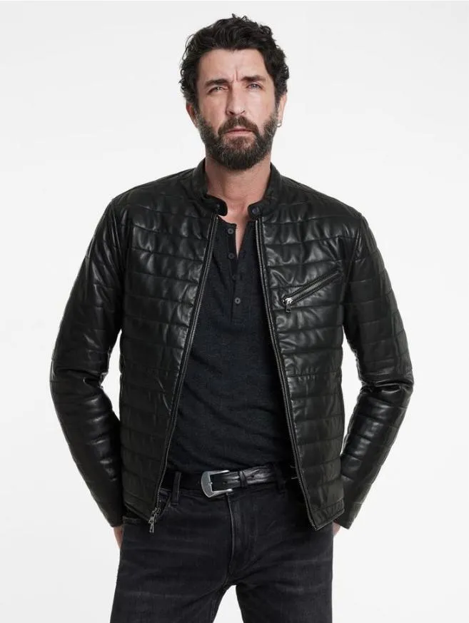Men John Varvatos Leather Jackets Kitt Quilted Racer Jacket Black