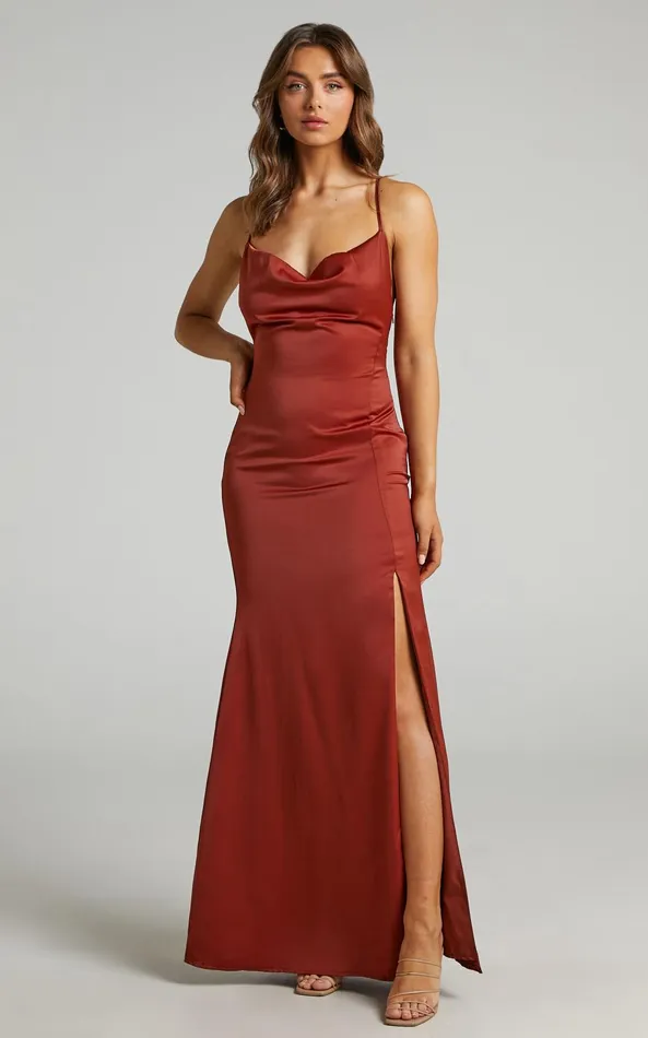 Showpo A Final Toast Midi Dress 8211 Cowl Neck Thigh Split Dress In Copper Satin Women Dresses Showpo A Final Toast Midi Dress 8211 Cowl Neck Thigh Split Dress In Copper Satin Women Dresses