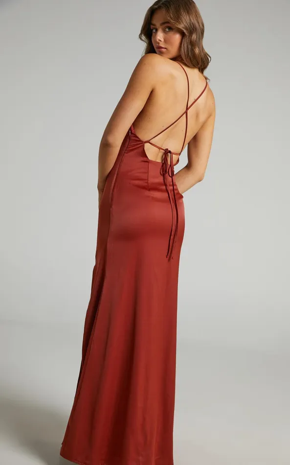 Showpo A Final Toast Midi Dress 8211 Cowl Neck Thigh Split Dress In Copper Satin Women Dresses
