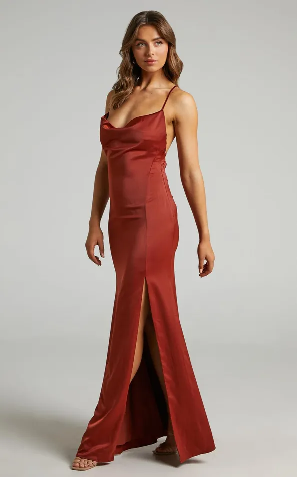 Showpo A Final Toast Midi Dress 8211 Cowl Neck Thigh Split Dress In Copper Satin Women Dresses