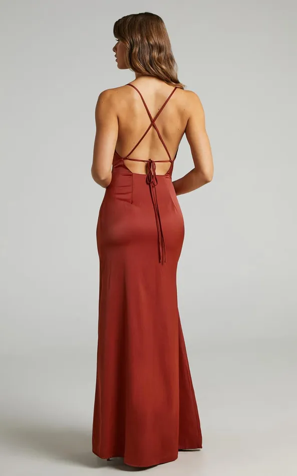 Showpo A Final Toast Midi Dress 8211 Cowl Neck Thigh Split Dress In Copper Satin Women Dresses