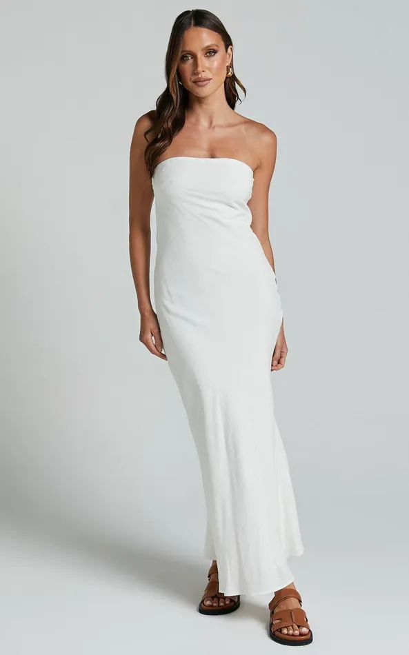 Showpo Aaliya Midi Dress 8211 Linen Look Strapless Slip Dress In Off White Women Dresses