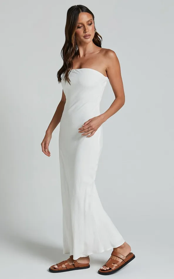 Showpo Aaliya Midi Dress 8211 Linen Look Strapless Slip Dress In Off White Women Dresses