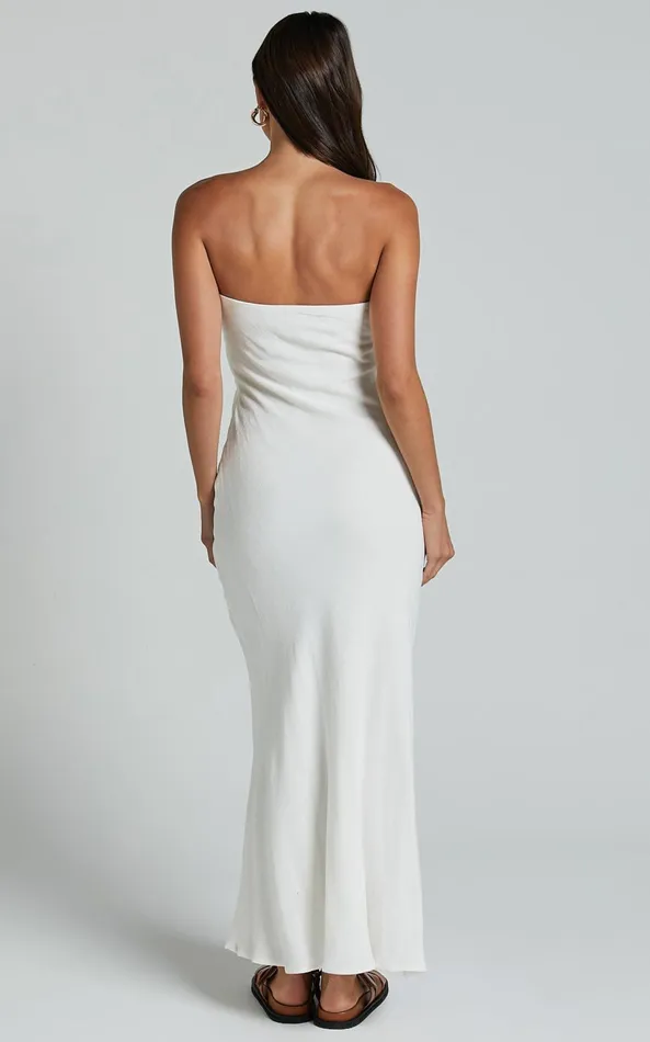 Showpo Aaliya Midi Dress 8211 Linen Look Strapless Slip Dress In Off White Women Dresses