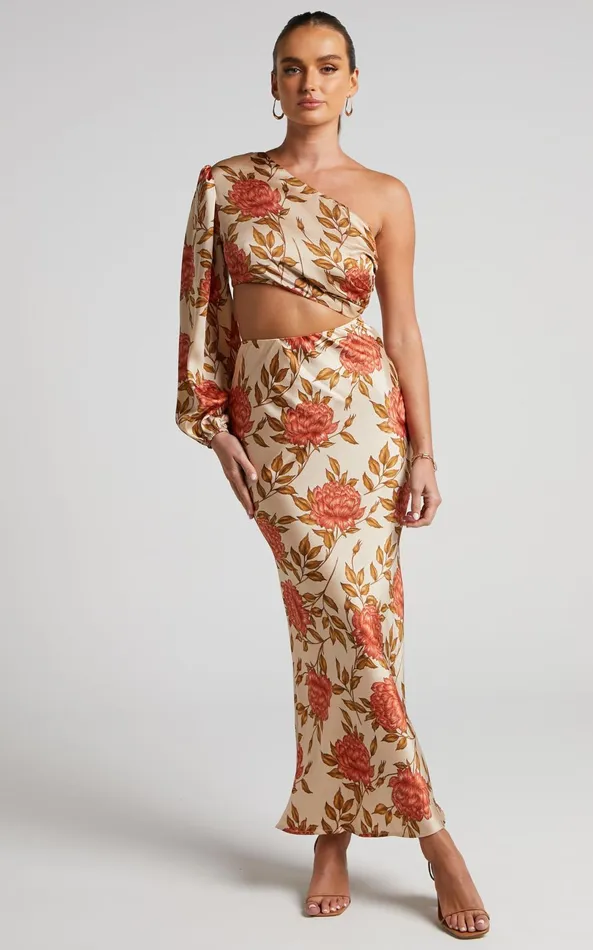 Showpo Abagail Midi Dress 8211 One Shoulder Cut Out Dress In Beige Floral Women Dresses Showpo Abagail Midi Dress 8211 One Shoulder Cut Out Dress In Beige Floral Women Dresses