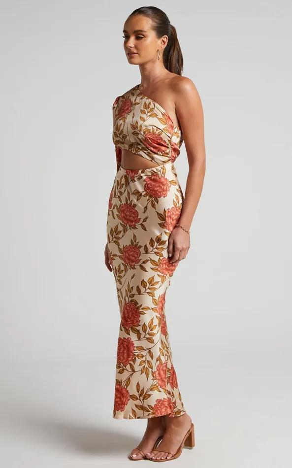 Showpo Abagail Midi Dress 8211 One Shoulder Cut Out Dress In Beige Floral Women Dresses