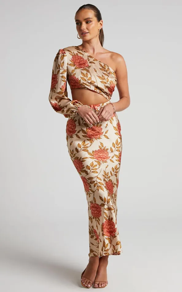 Showpo Abagail Midi Dress 8211 One Shoulder Cut Out Dress In Beige Floral Women Dresses