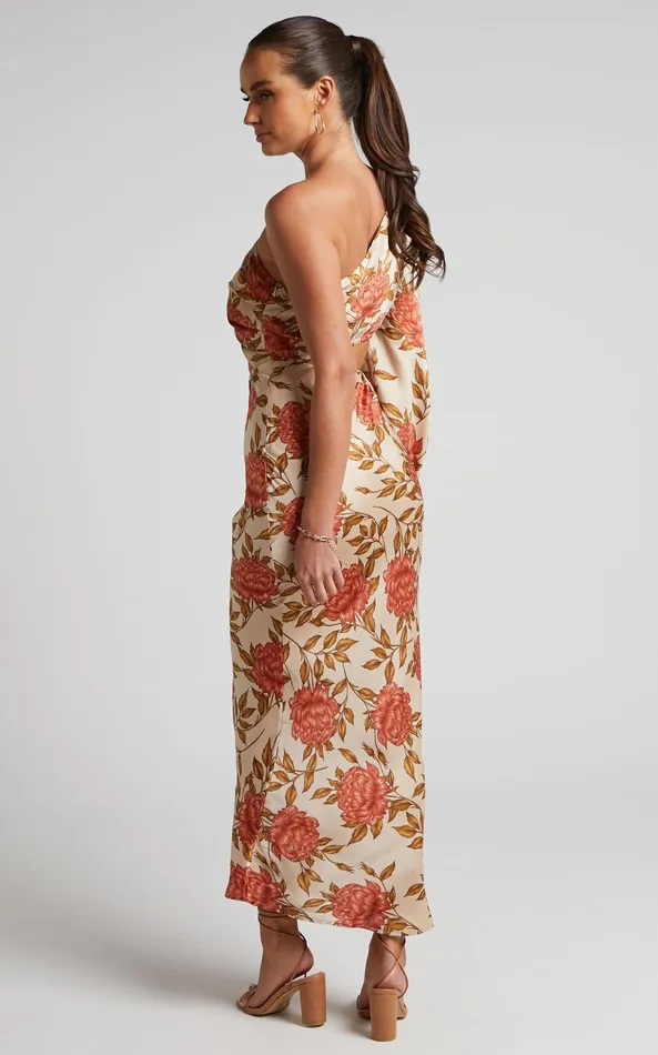 Showpo Abagail Midi Dress 8211 One Shoulder Cut Out Dress In Beige Floral Women Dresses