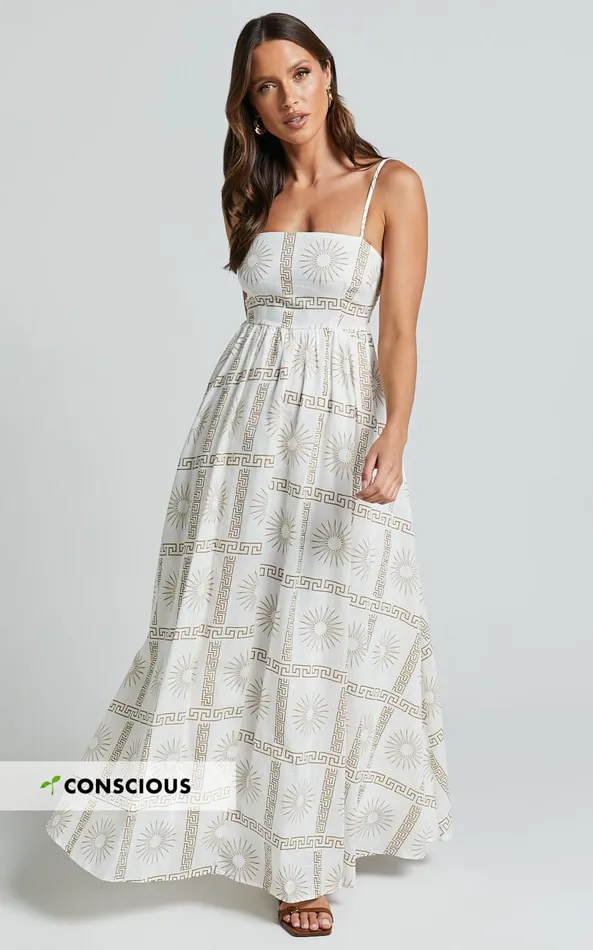 Showpo Abbey Maxi Dress 8211 Strappy Straight Neck A Line Dress In White and Brown Sun Print Women Dresses Showpo Abbey Maxi Dress 8211 Strappy Straight Neck A Line Dress In White and Brown Sun Print Women Dresses