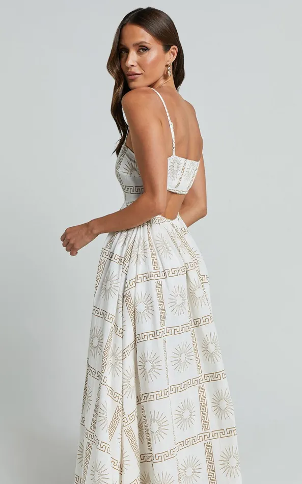 Showpo Abbey Maxi Dress 8211 Strappy Straight Neck A Line Dress In White and Brown Sun Print Women Dresses