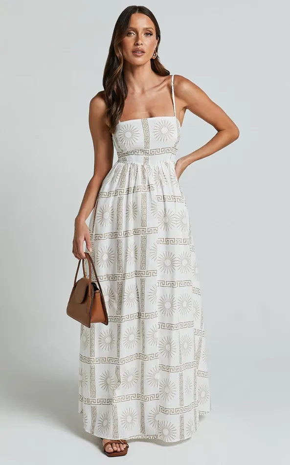 Showpo Abbey Maxi Dress 8211 Strappy Straight Neck A Line Dress In White and Brown Sun Print Women Dresses