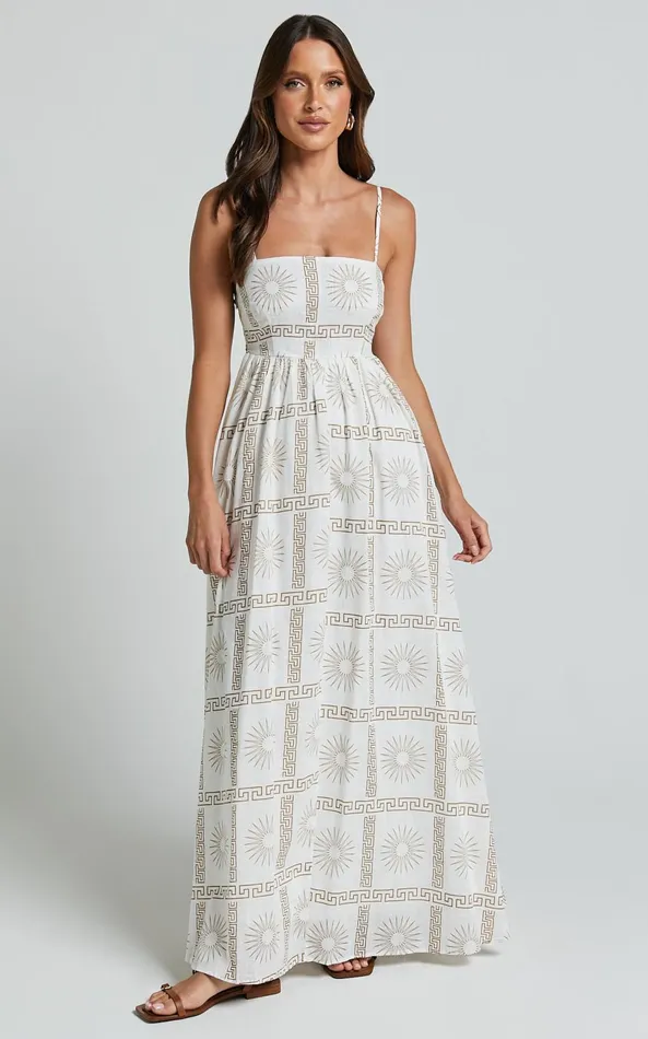 Showpo Abbey Maxi Dress 8211 Strappy Straight Neck A Line Dress In White and Brown Sun Print Women Dresses