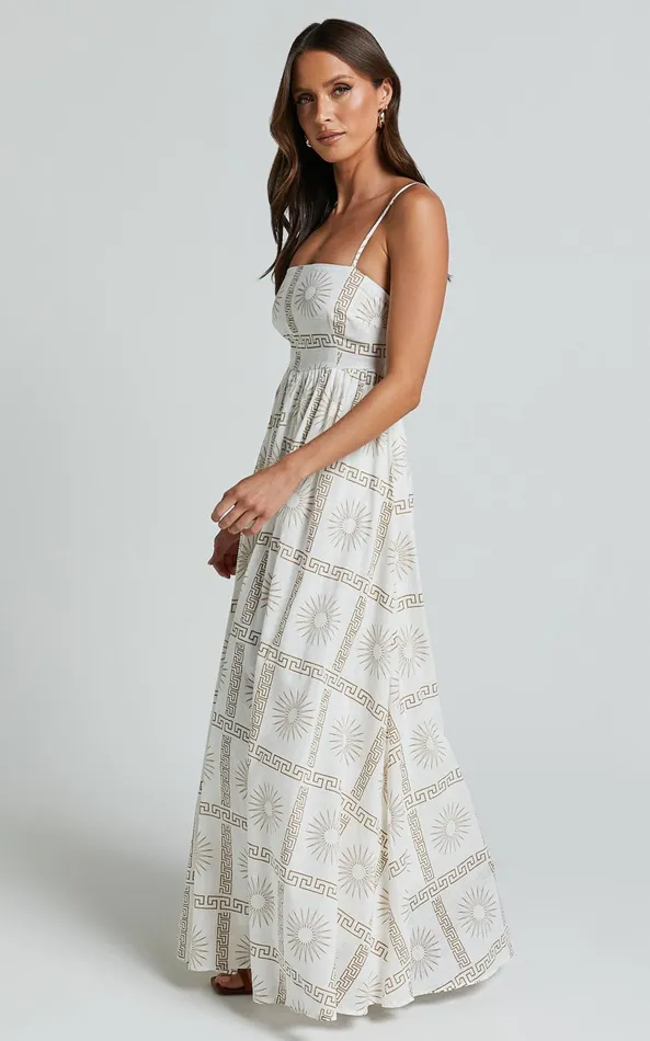 Showpo Abbey Maxi Dress 8211 Strappy Straight Neck A Line Dress In White and Brown Sun Print Women Dresses