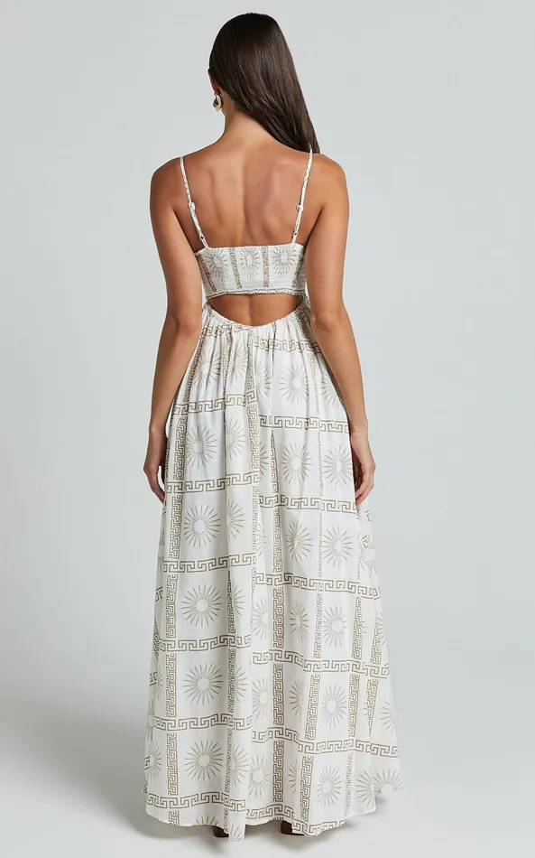 Showpo Abbey Maxi Dress 8211 Strappy Straight Neck A Line Dress In White and Brown Sun Print Women Dresses