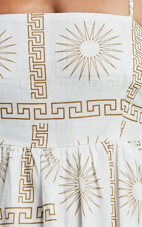 Showpo Abbey Maxi Dress 8211 Strappy Straight Neck A Line Dress In White and Brown Sun Print Women Dresses