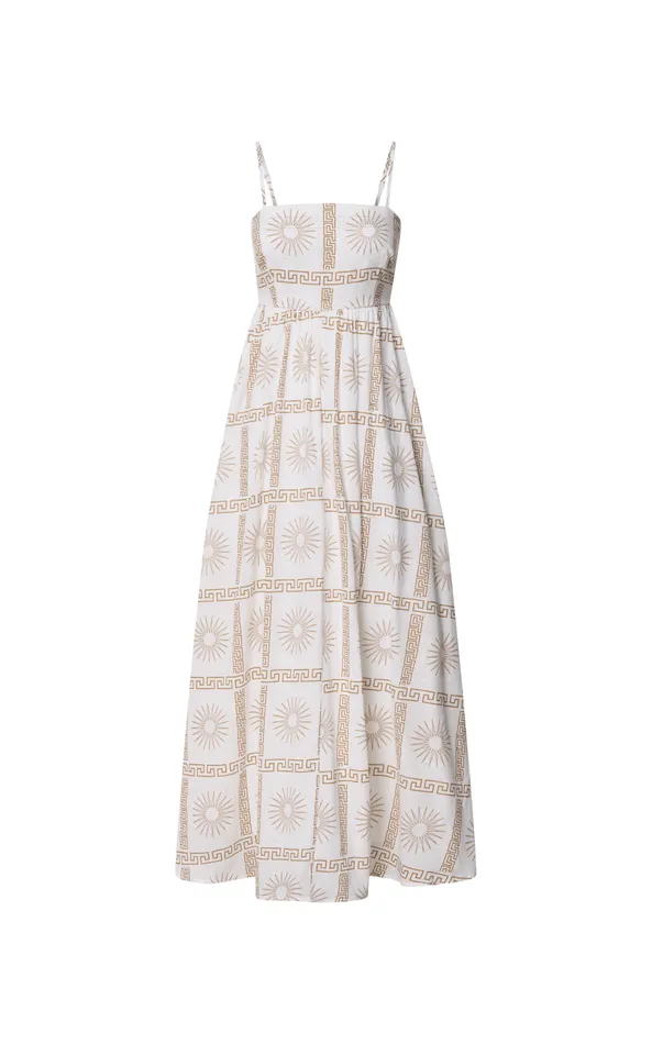 Showpo Abbey Maxi Dress 8211 Strappy Straight Neck A Line Dress In White and Brown Sun Print Women Dresses