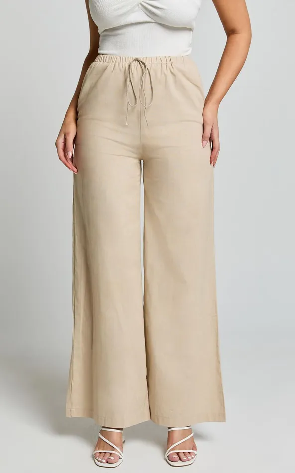 Showpo Abbey Pants 8211 Wide Leg Drawstring Linen Look Pants In Natural Women Pants