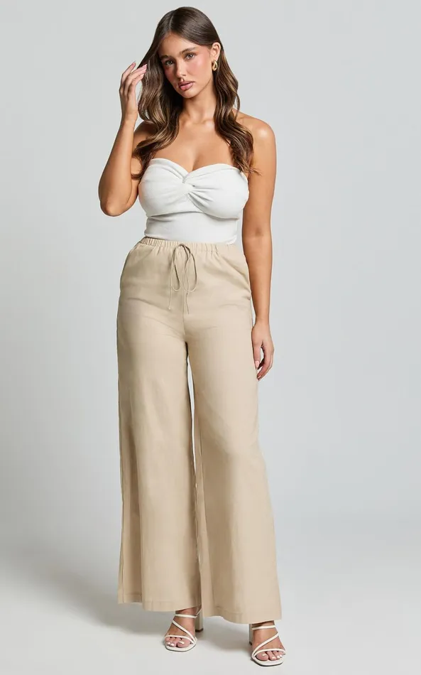 Showpo Abbey Pants 8211 Wide Leg Drawstring Linen Look Pants In Natural Women Pants
