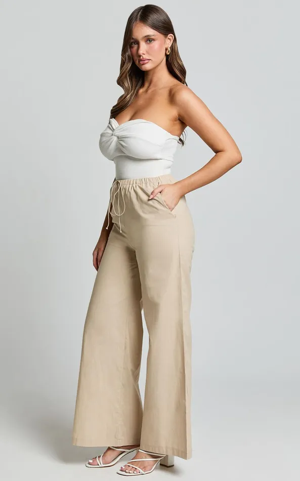 Showpo Abbey Pants 8211 Wide Leg Drawstring Linen Look Pants In Natural Women Pants