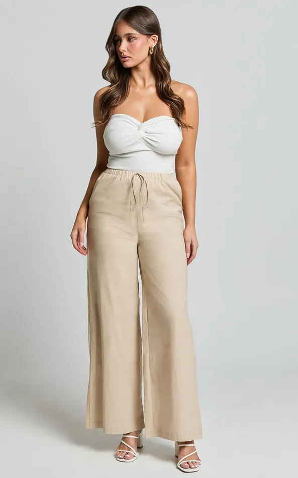 Showpo Abbey Pants 8211 Wide Leg Drawstring Linen Look Pants In Natural Women Pants