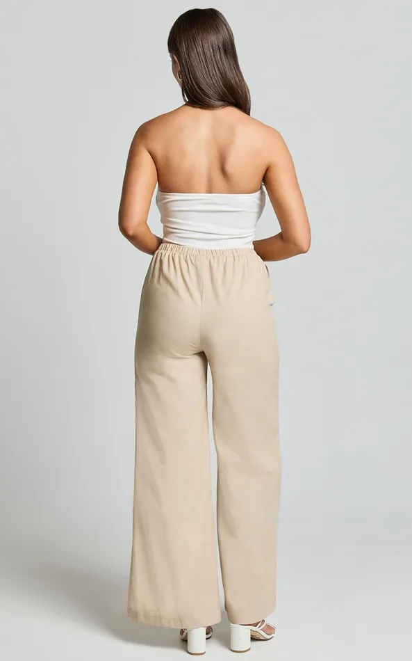 Showpo Abbey Pants 8211 Wide Leg Drawstring Linen Look Pants In Natural Women Pants
