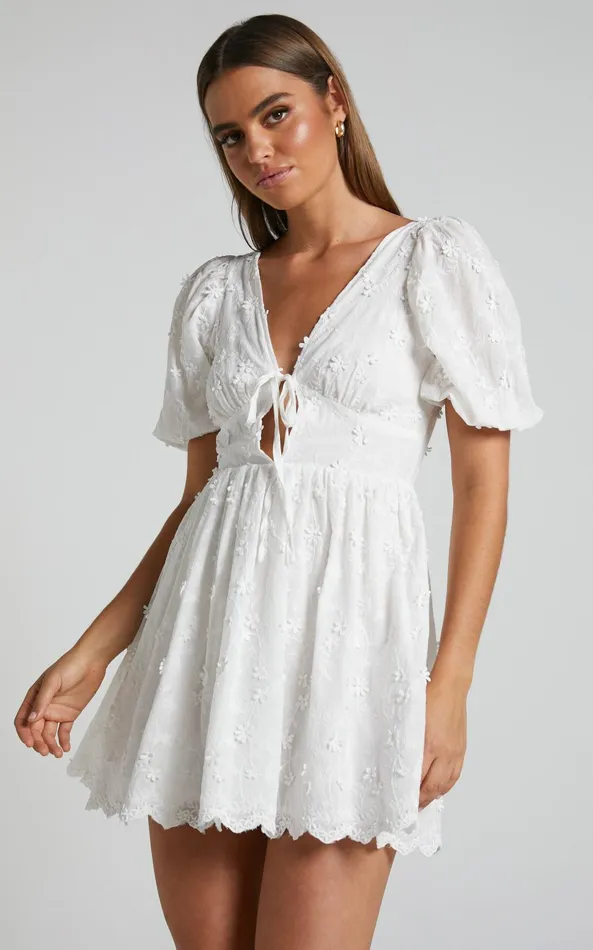 Showpo Abbey Tie Back Short Sleeve Mini Dress In White Women Dresses