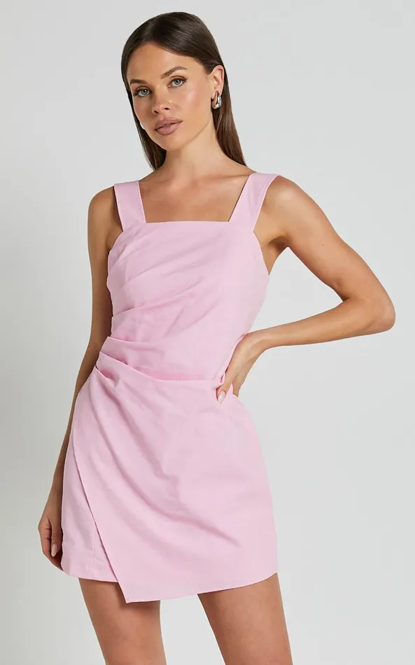 Showpo Abby Mini Dress 8211 Straight Neck Wide Strap Wrap Dress In Pink Women Dresses