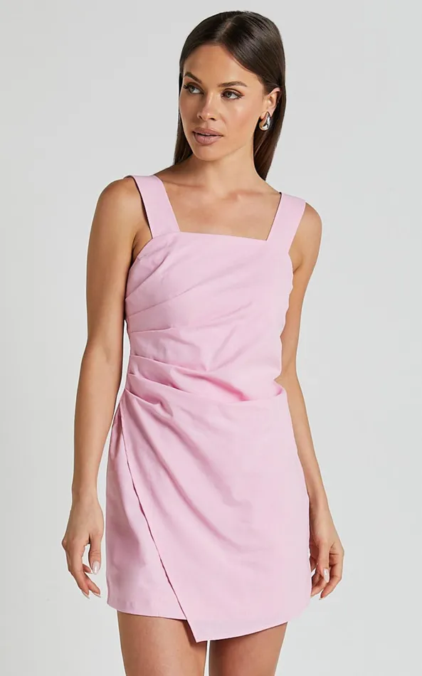 Showpo Abby Mini Dress 8211 Straight Neck Wide Strap Wrap Dress In Pink Women Dresses