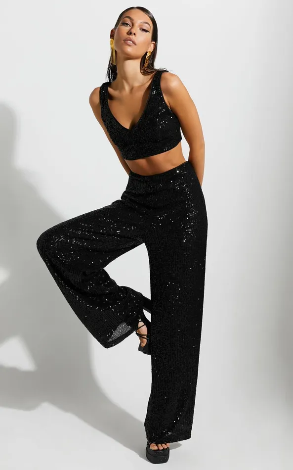 Showpo Abela Two Piece Set 8211 Crop Top And Wide Leg Pants Set In Black Sequin Women Curve Clothes Showpo Abela Two Piece Set 8211 Crop Top And Wide Leg Pants Set In Black Sequin Women Curve Clothes