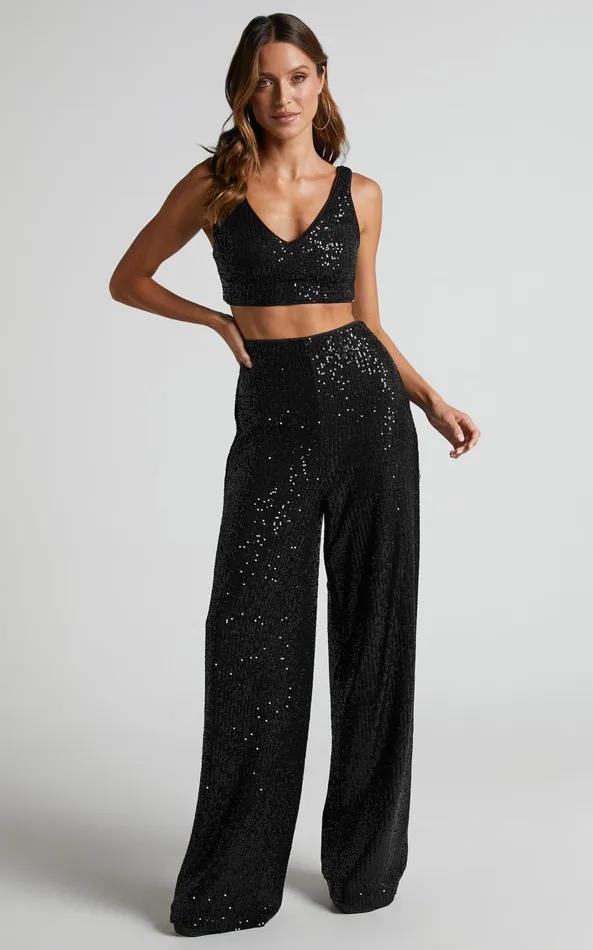 Showpo Abela Two Piece Set 8211 Crop Top And Wide Leg Pants Set In Black Sequin Women Curve Clothes