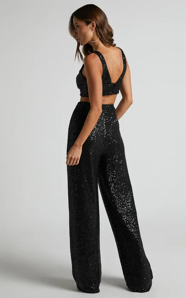 Showpo Abela Two Piece Set 8211 Crop Top And Wide Leg Pants Set In Black Sequin Women Curve Clothes