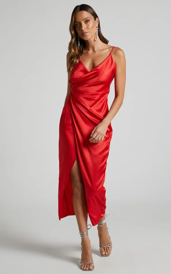 Showpo Abia Midi Dress 8211 V Neck Thigh Split Satin Dress In Red Women Dresses