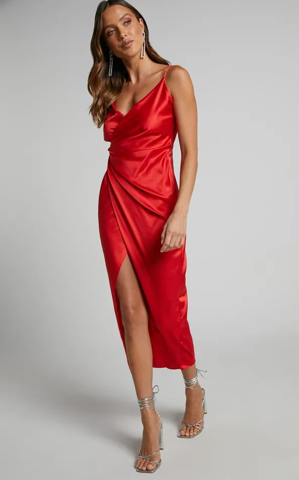 Showpo Abia Midi Dress 8211 V Neck Thigh Split Satin Dress In Red Women Dresses