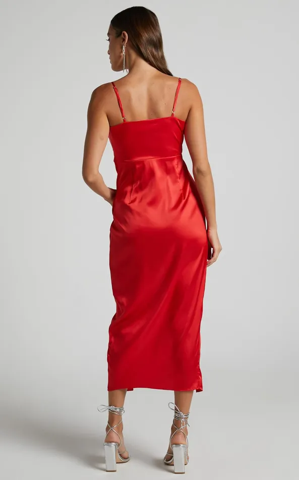 Showpo Abia Midi Dress 8211 V Neck Thigh Split Satin Dress In Red Women Dresses