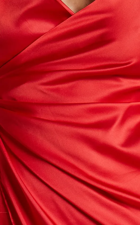 Showpo Abia Midi Dress 8211 V Neck Thigh Split Satin Dress In Red Women Dresses