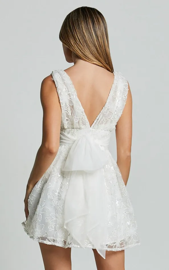 Showpo Abigal Mini Dress Plunge Tie Back Sequin Embroidery Dress In Ivory Women Dresses