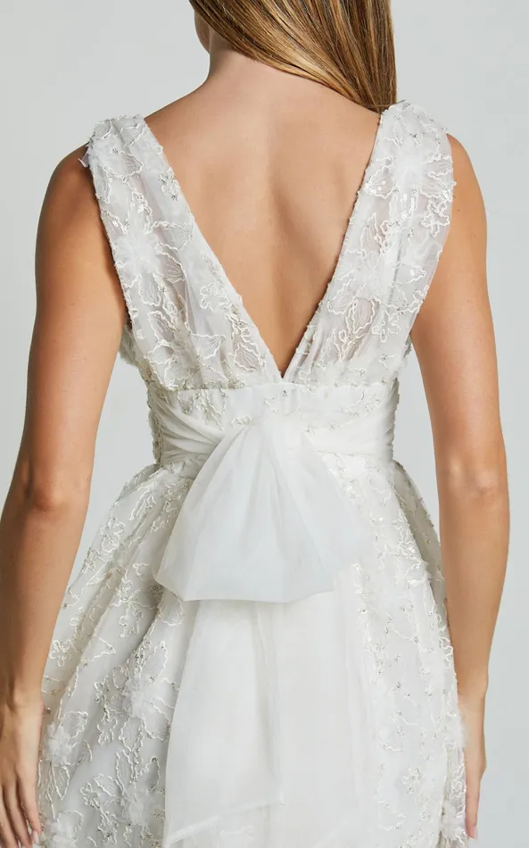 Showpo Abigal Mini Dress Plunge Tie Back Sequin Embroidery Dress In Ivory Women Dresses