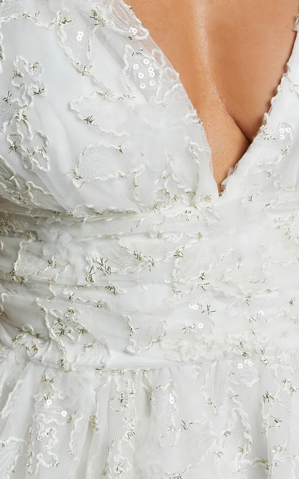 Showpo Abigal Mini Dress Plunge Tie Back Sequin Embroidery Dress In Ivory Women Dresses