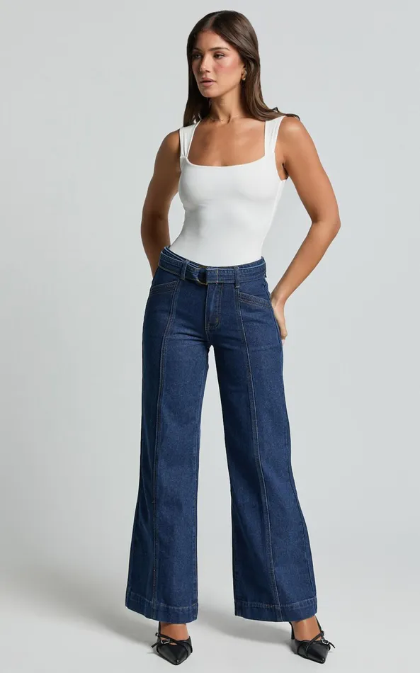 Showpo Ace Jeans 8211 Wide Leg Denim Jeans In Indigo Women Denim